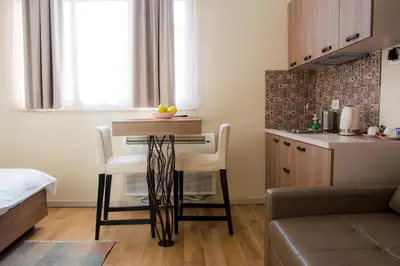 a small kitchen with a table and chairs in a room at Apartments Srbija - FREE PARKING in Belgrade