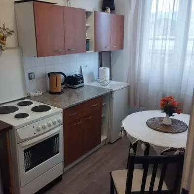 a small kitchen with a stove and a table at Apartman Centar Beograd in Belgrade