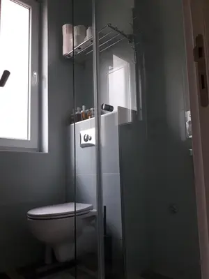a bathroom with a toilet and a glass shower at Momo Apartment in Belgrade