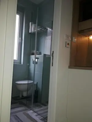 a bathroom with a toilet and a glass shower at Momo Apartment in Belgrade