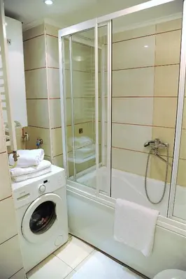 a bathroom with a washing machine and a shower at Apartment Bella Art in Belgrade