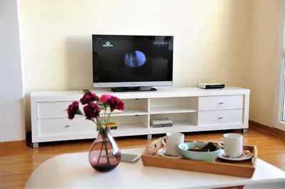 a white entertainment center with a tv and a vase with flowers at Apartment Bella Art in Belgrade