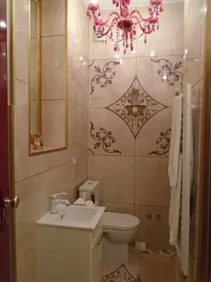a bathroom with a toilet and a chandelier at Apartment Bourgeois in Belgrade