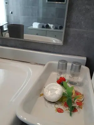 a bathroom sink with two glasses and a flower on it at Prenociste Nikolas Grand in Smederevo
