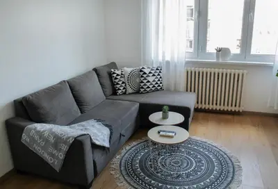 a living room with a gray couch and a table at Bardolino Apartment in Belgrade