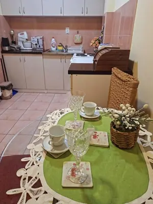 a table with a green table cloth with wine glasses at Jezero in Arandjelovac