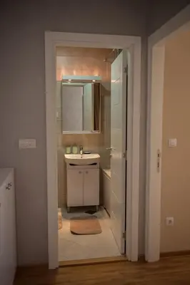 a bathroom with a sink and a mirror at Apartment Ada in Belgrade