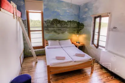 a bedroom with a bed and a painting on the wall at ArkaBarka Floating Hostel in Belgrade