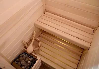 an overhead view of a corner of a sauna at ArkaBarka Floating Hostel in Belgrade