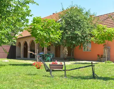 a bench in the grass in front of a house at etno dom 