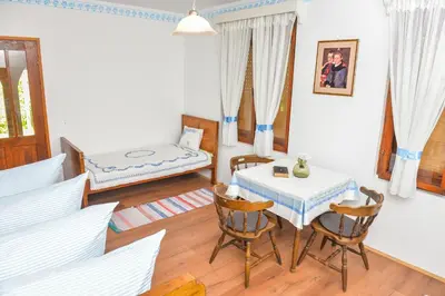 a living room with a table and chairs and a bed at etno dom 