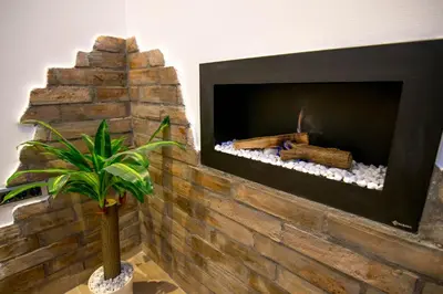 a fireplace with a stone wall and a plant at Cosmopolitan Apartment in Belgrade