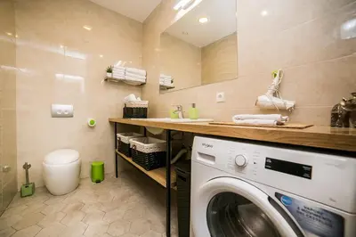 a washing machine in a bathroom with a sink at Cosmopolitan Apartment in Belgrade