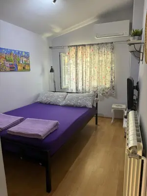 a bedroom with a purple bed and a window at Garsonjera Zvezdara in Belgrade