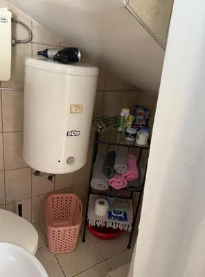 a small bathroom with a toilet and a shelf at Garsonjera Zvezdara in Belgrade