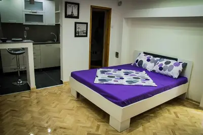 a bedroom with a bed with purple sheets and a kitchen at Marmelo Loft in Belgrade