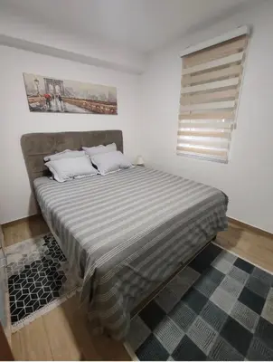 a large bed in a room with a window at Apartment Violet in Belgrade