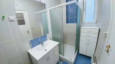 a white bathroom with a sink and a shower at Apartment Harmonija in Belgrade