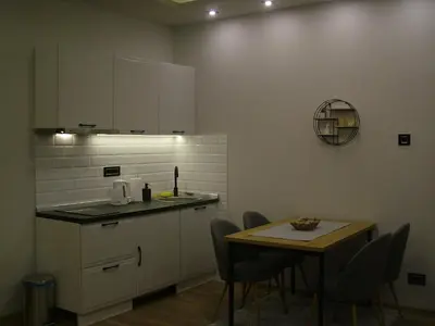 a kitchen with a sink and a table with chairs at Rose Lux in Belgrade