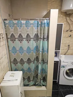 a bathroom with a shower curtain next to a washing machine at Matea apartman in Belgrade