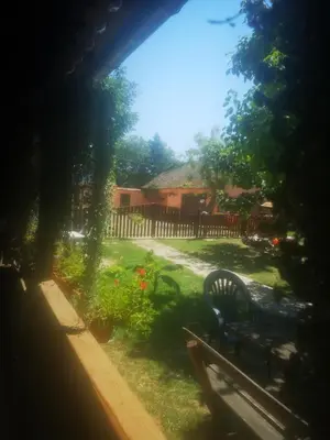 a park bench in a yard with a fence at CycloCamp & Hostel in Skorenovac
