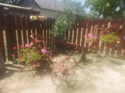 a red wagon with flowers in front of a fence at CycloCamp & Hostel in Skorenovac