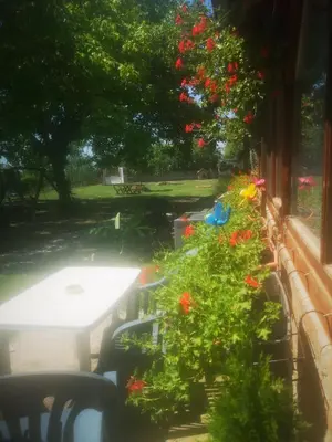 a table and chairs on a porch with flowers at CycloCamp & Hostel in Skorenovac