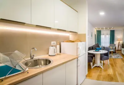 a kitchen with a sink and a living room at Apartman Tirena in Belgrade