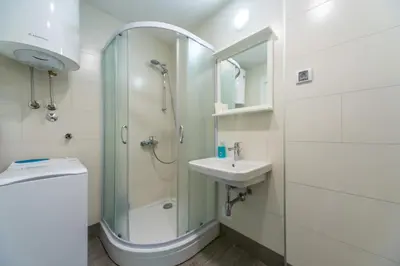 a bathroom with a shower and a sink at Apartman Tirena in Belgrade