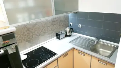 a small kitchen with a sink and a stove at Arena Relax Apartman in Belgrade
