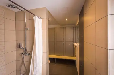a walk in shower with a shower curtain in a bathroom at HostGost Selected Suites - BAMS, Private Spa included in Belgrade