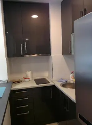 a small kitchen with a sink and a refrigerator at Zaza apartman in Belgrade