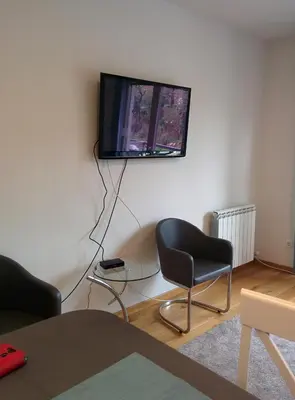 a living room with a chair and a tv on the wall at Zaza apartman in Belgrade