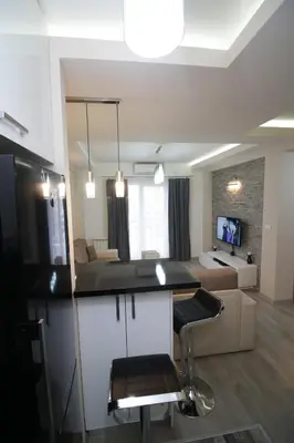 a room with a kitchen and a living room at Diva Lux Apartman in Belgrade