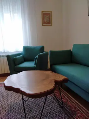 a living room with two green couches and a coffee table at Central and modern in Belgrade