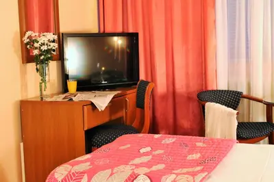 a hotel room with a television and a table with a bed at Hotel Rex in Belgrade