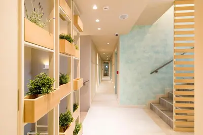 a hallway with stairs and plants on the walls at Garni Hotel D10 in Belgrade