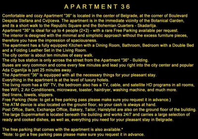 a page of a document with a bunch of words at Apartment 36 in Belgrade