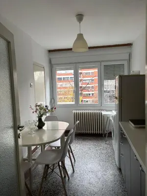 a kitchen and dining room with a table and chairs at Star apartment in Belgrade