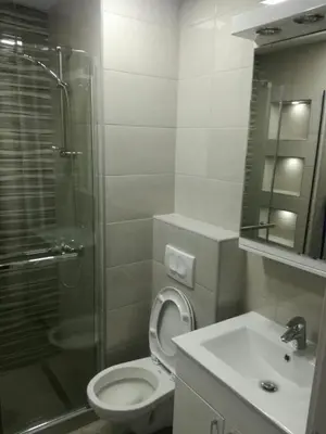 a bathroom with a shower and a toilet and a sink at Danube Blue in Belgrade