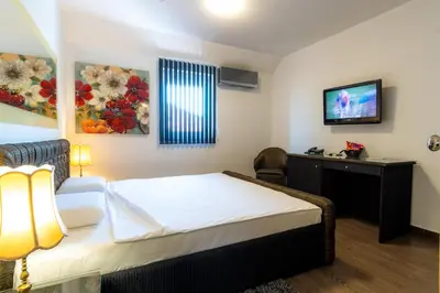 a hotel room with a bed and a television at Olympic Wellness & Spa Apartments in Belgrade