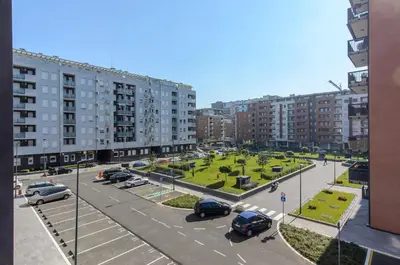 a view of a parking lot in a city at Sava Smart Apartment in Belgrade
