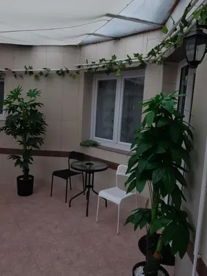a patio with a table and chairs and plants at Rabit delux II in Belgrade