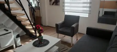 a living room with a chair and a vase of flowers on a table at Cute little apartment in Belgrade