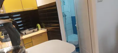 a bathroom with a glass shower and a sink at Cute little apartment in Belgrade