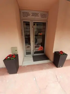 a door to a building with two flowers in front of it at Apartmani CENTAR- Smederevo in Smederevo