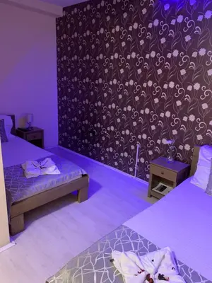 a purple room with two beds and a wall with flowers at Apartmani CENTAR- Smederevo in Smederevo
