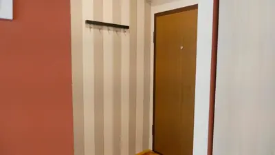 a hallway with a door and a striped wall at Apartman Mia in Belgrade