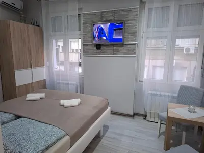 a bedroom with a bed and a tv on a wall at SnowWhite New Apartment in Belgrade