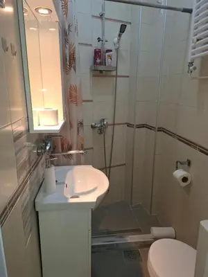 a bathroom with a sink and a shower at SnowWhite New Apartment in Belgrade